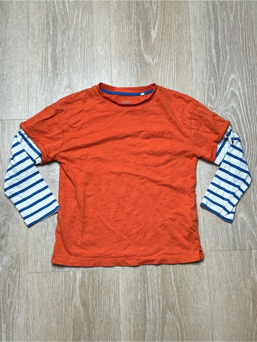 Mini Boden, Orange Tee with Blue & White Striped Longsleeves, Youth 6/7
